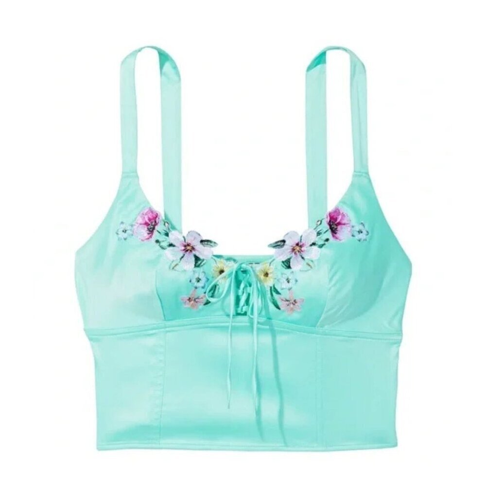 New! Victoria’s Secret Blue Floral Embroidered Satin Crop Top Small 41793